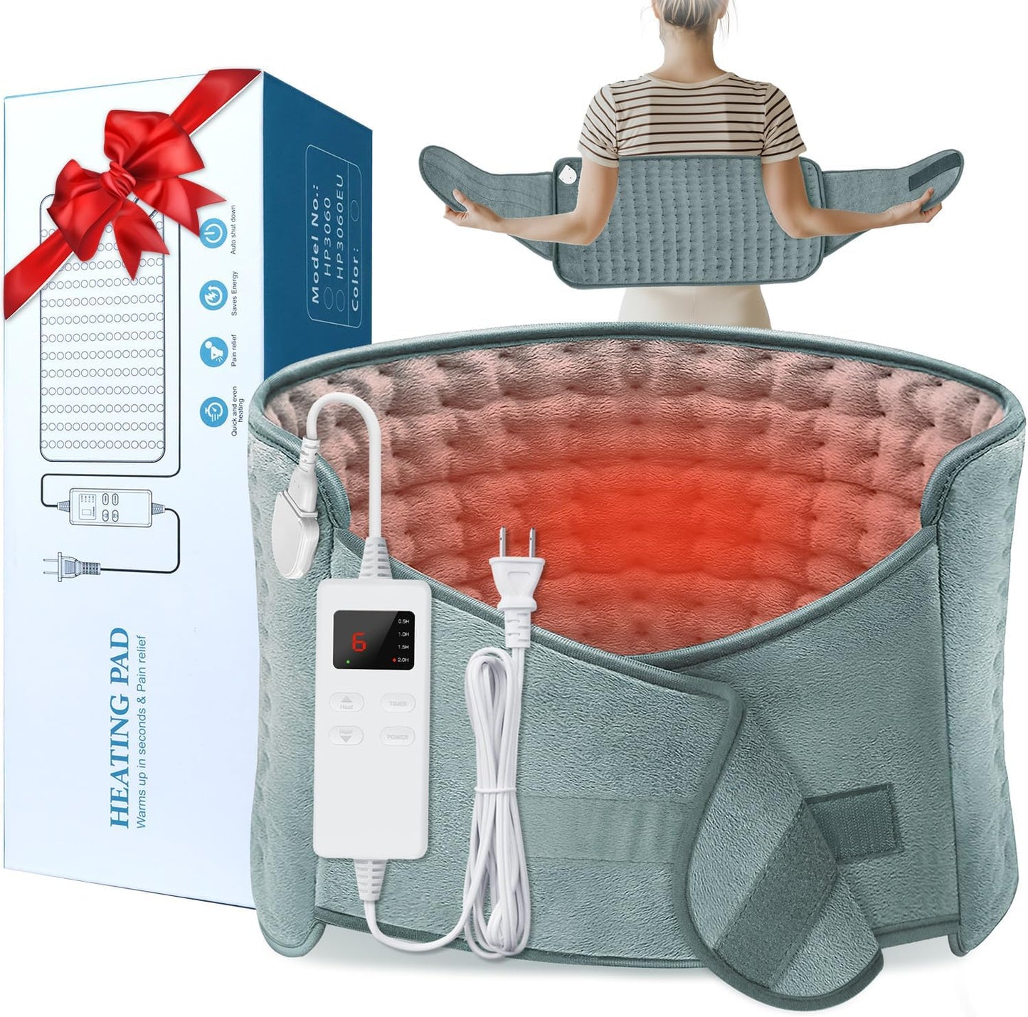 Heating Pad for Back Pain Relief, Electric Heating Pad for Period Cramps Neck Shoulders with Belt, 4 Timer 6 Heat Setting & Auto Shut Off, 12"X24"+20" Large Moist Heat Pad for Mom,Dad