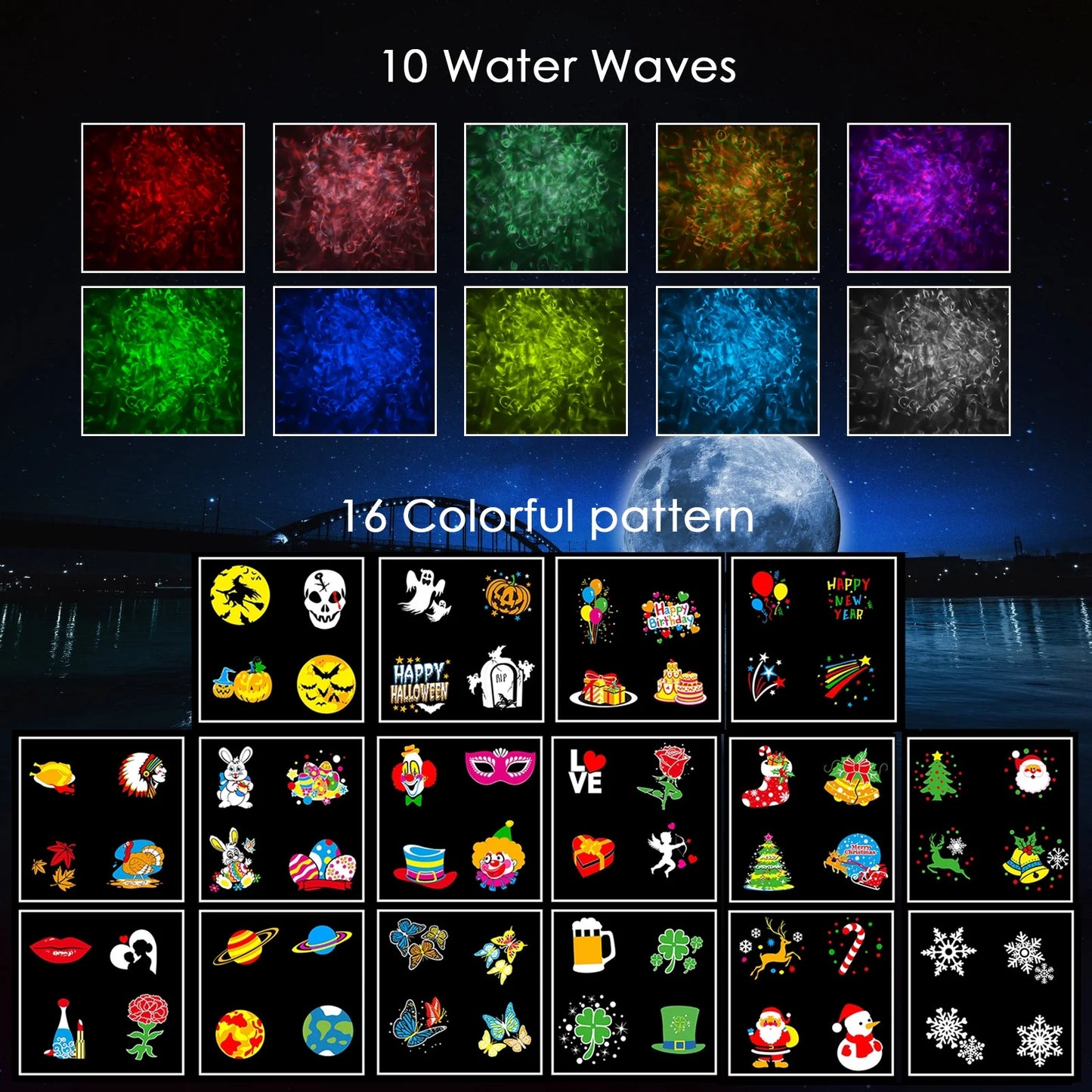 Outdoor HD Projector Light, Remote Control 16 Switchable Modes, Christmas Halloween Celebrations, Birthdays, Weddings and Parties, Waterproof Light Show