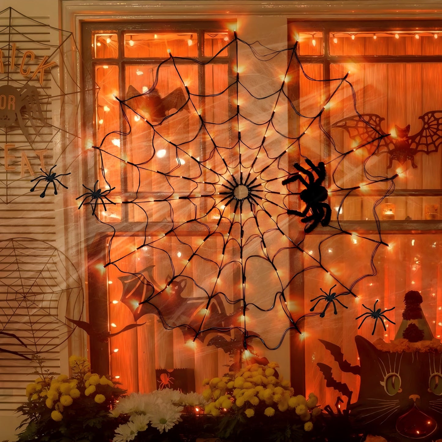Halloween Decorations Spider Web Lights - 4FT Diameter 70 Leds Halloween Light Waterproof with Remote Control 8 Modes for House Garden Wall Party Decoration, Purple Orange