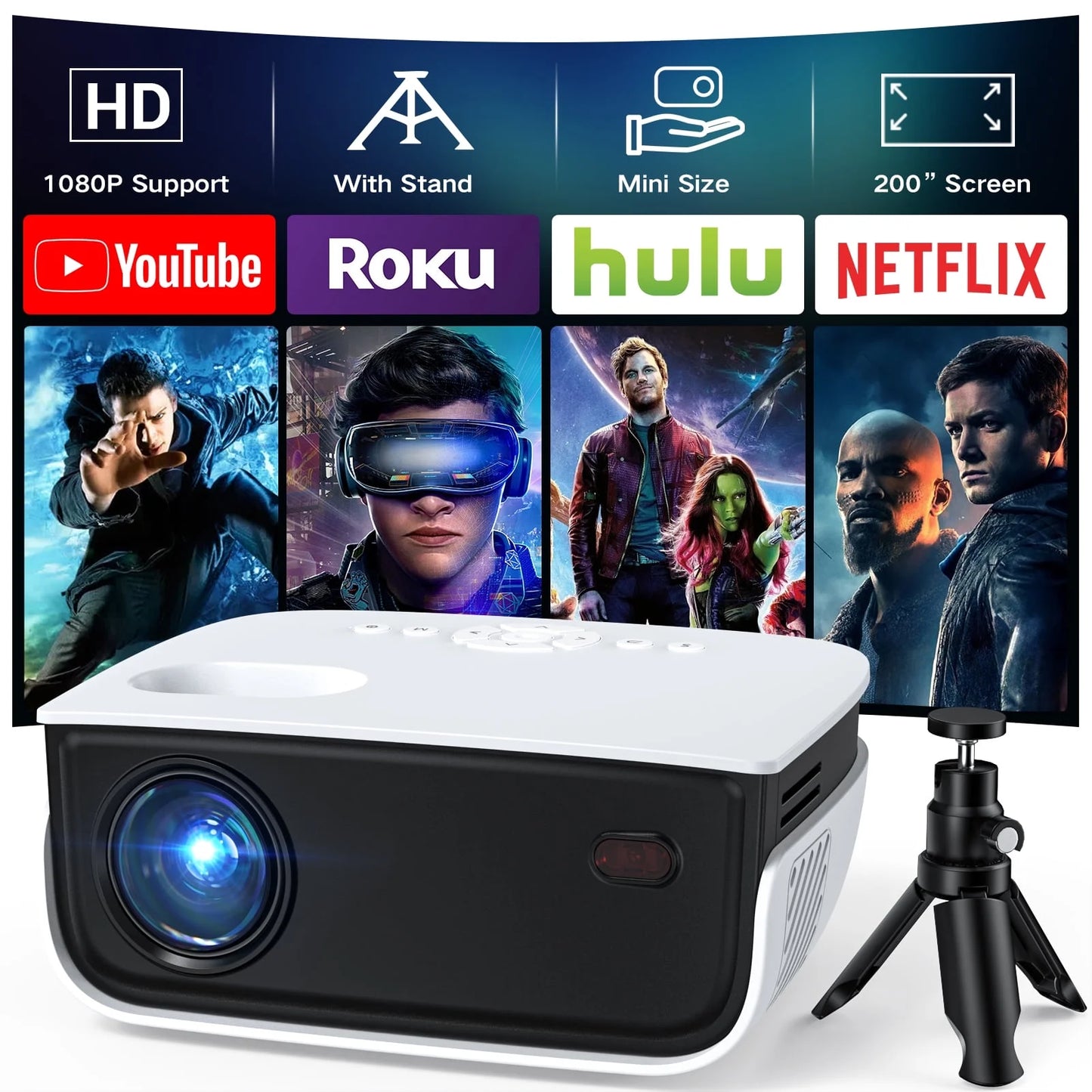 (3 Pack) 1080P Mini Projector,Keystone Correction,Up to Support 240'' Screen,With Stand