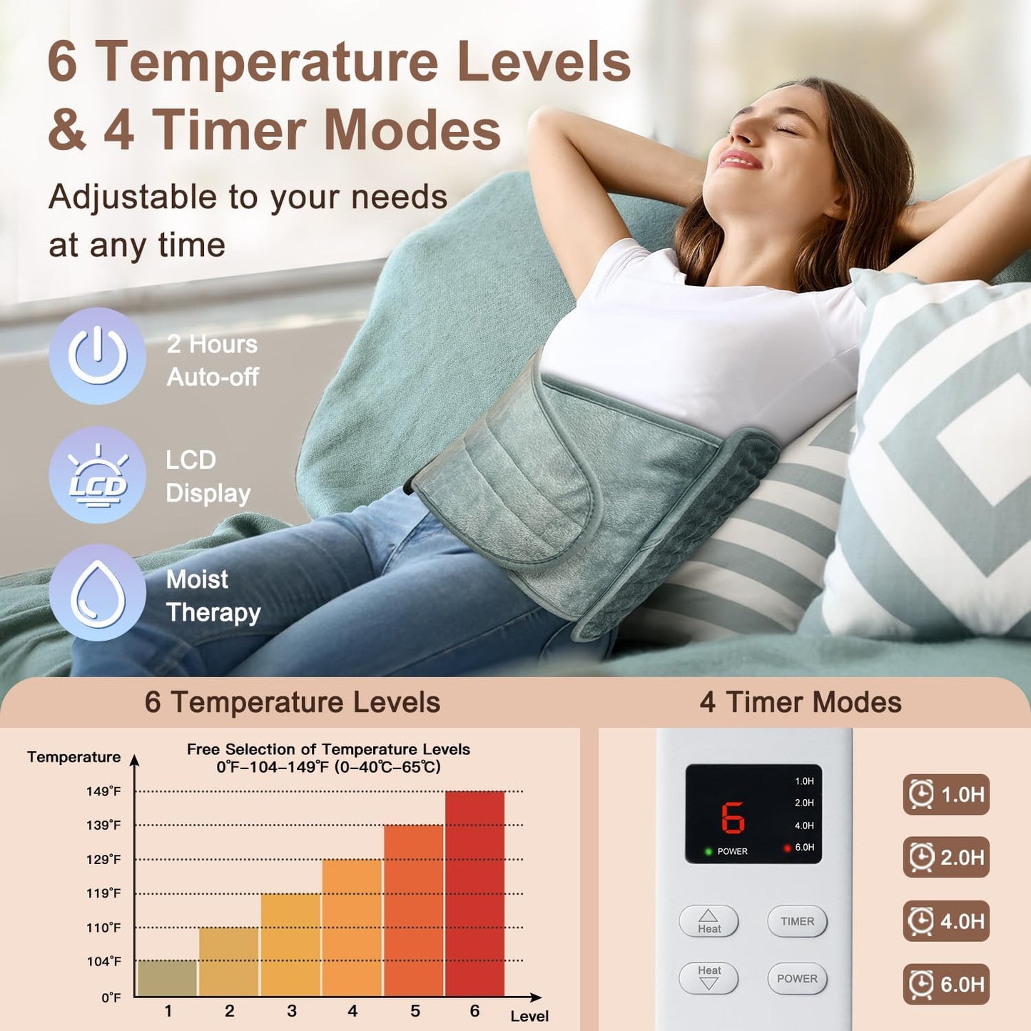 Heating Pad for Back Pain Relief, Electric Heating Pad for Period Cramps Neck Shoulders with Belt, 4 Timer 6 Heat Setting & Auto Shut Off, 12"X24"+20" Large Moist Heat Pad for Mom,Dad