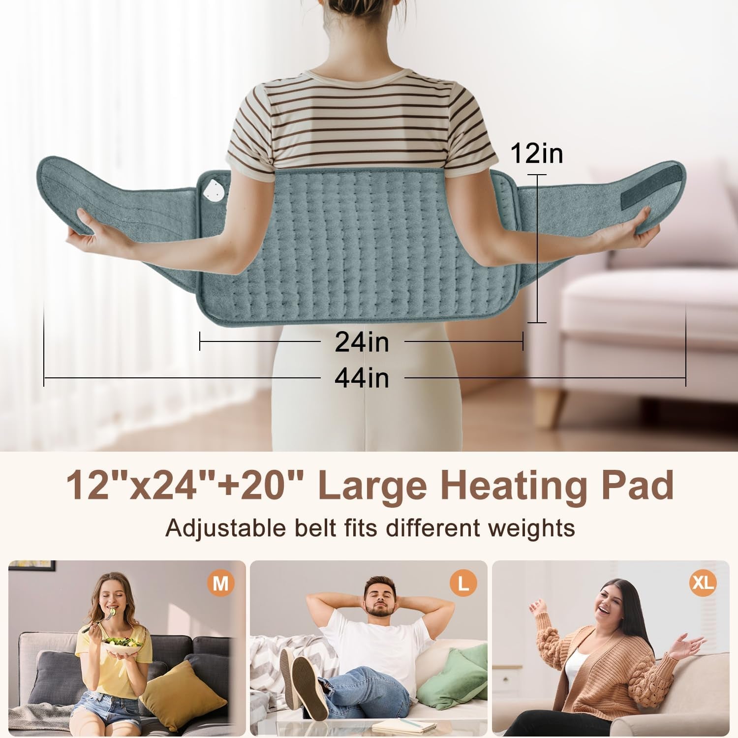 Heating Pad for Back Pain Relief, Electric Heating Pad for Period Cramps Neck Shoulders with Belt, 4 Timer 6 Heat Setting & Auto Shut Off, 12"X24"+20" Large Moist Heat Pad for Mom,Dad