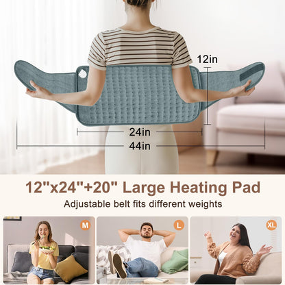 Heating Pad for Back Pain Relief, Electric Heating Pad for Period Cramps Neck Shoulders with Belt, 4 Timer 6 Heat Setting & Auto Shut Off, 12"X24"+20" Large Moist Heat Pad for Mom,Dad
