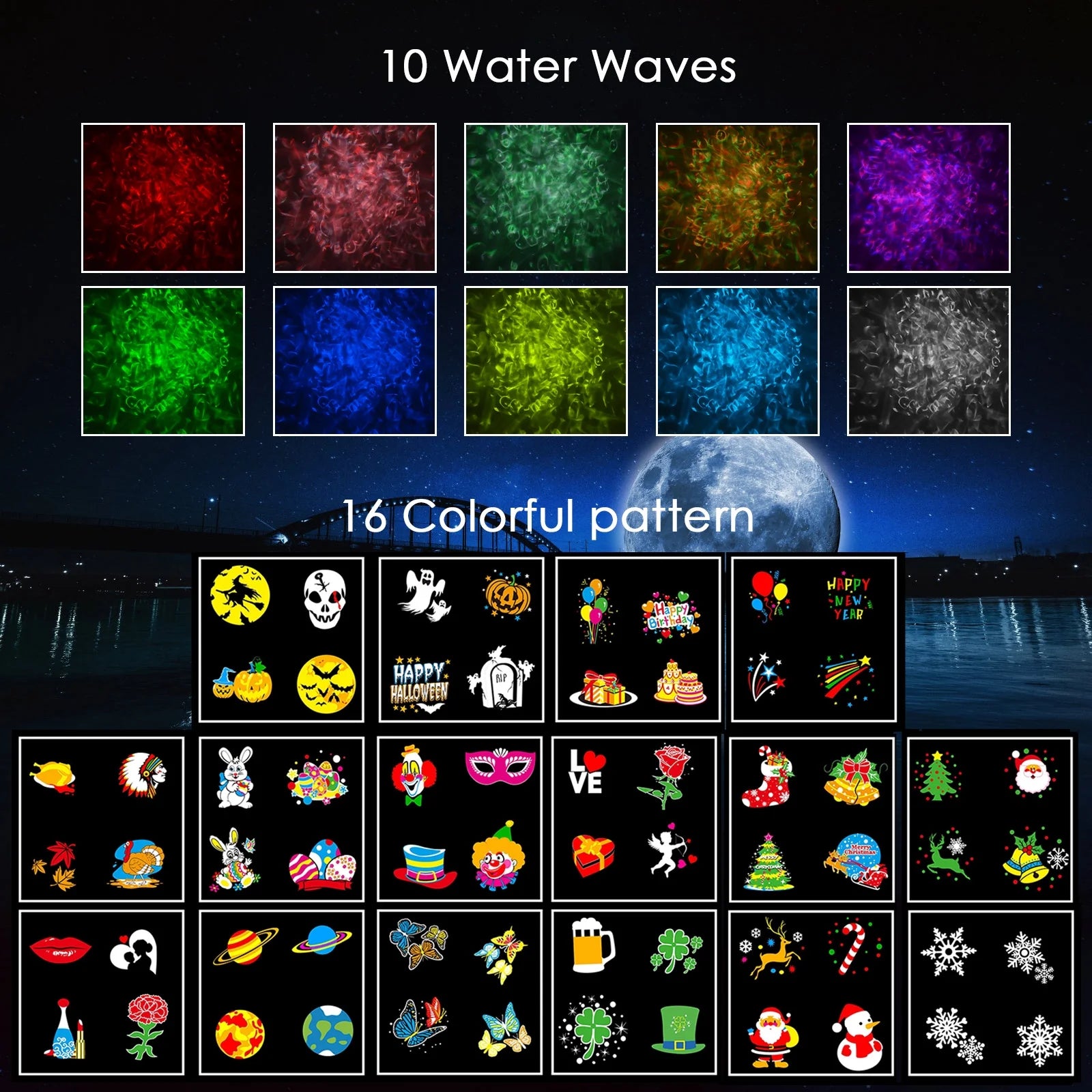 Outdoor HD Projector Light, Remote Control 16 Switchable Modes, Christmas Halloween Celebrations, Birthdays, Weddings and Parties, Waterproof Light Show