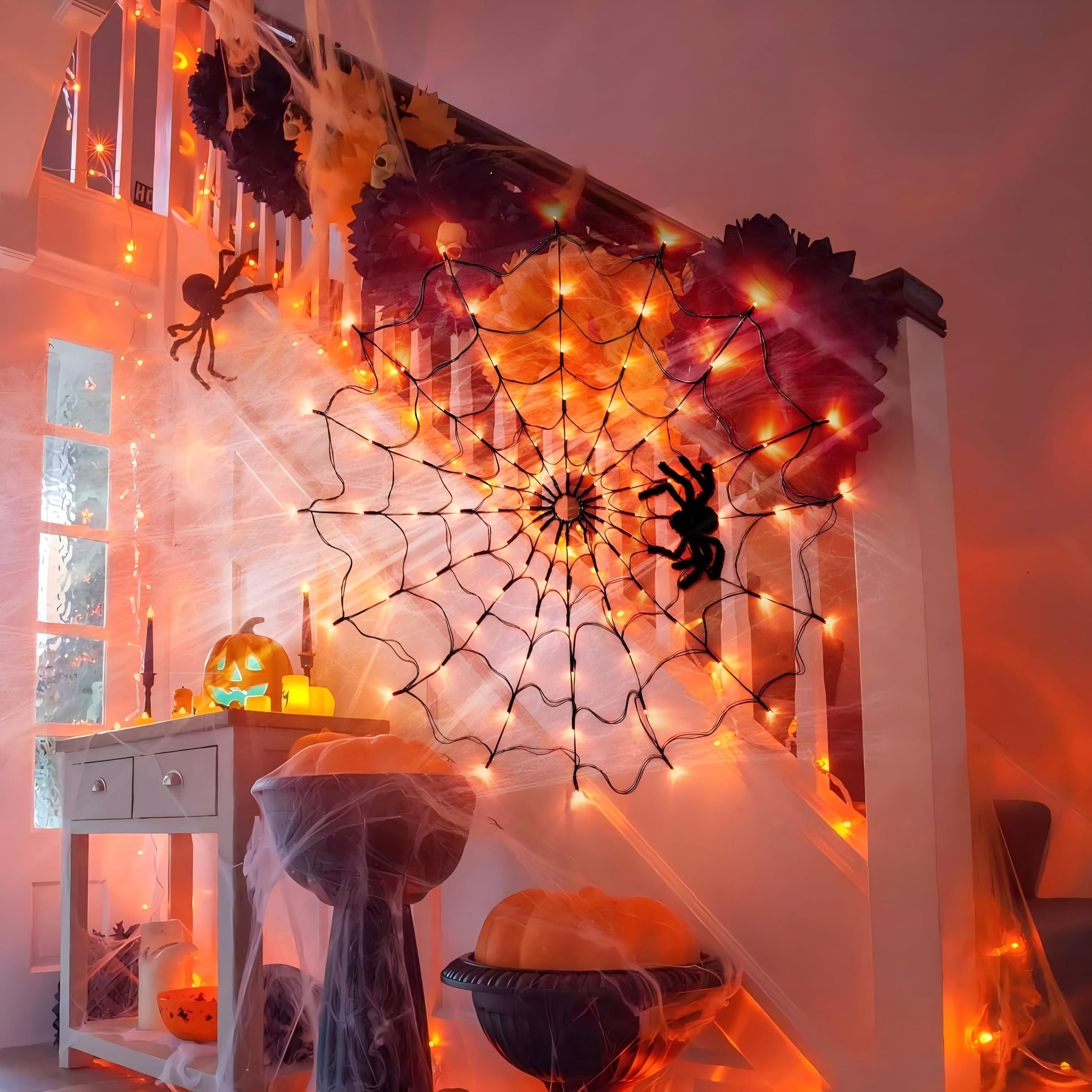 Halloween Decorations Spider Web Lights - 4FT Diameter 70 Leds Halloween Light Waterproof with Remote Control 8 Modes for House Garden Wall Party Decoration, Purple Orange