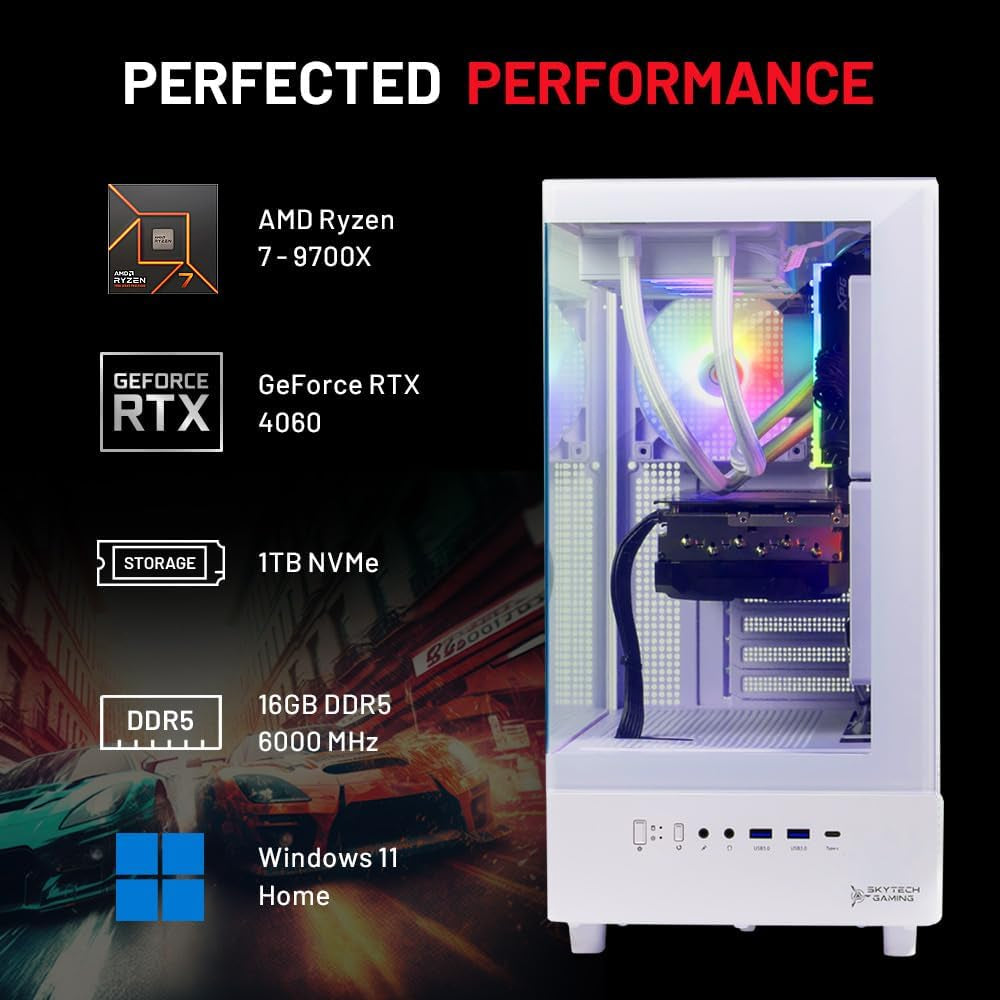 Azure 3 Desktop PC, Ryzen 7 9700X 3.8 Ghz (5.5Ghz), NVIDIA RTX 4060 8GB, 1TB Nvme SSD, 16GB DDR5 RAM 6000, 650W Gold PSU, 360Mm ARGB AIO, Wi-Fi, Win 11