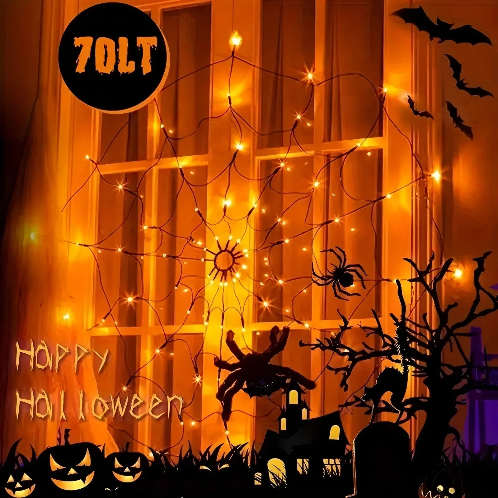 Halloween Decorations Spider Web Lights - 4FT Diameter 70 Leds Halloween Light Waterproof with Remote Control 8 Modes for House Garden Wall Party Decoration, Purple Orange