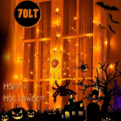 Halloween Decorations Spider Web Lights - 4FT Diameter 70 Leds Halloween Light Waterproof with Remote Control 8 Modes for House Garden Wall Party Decoration, Purple Orange