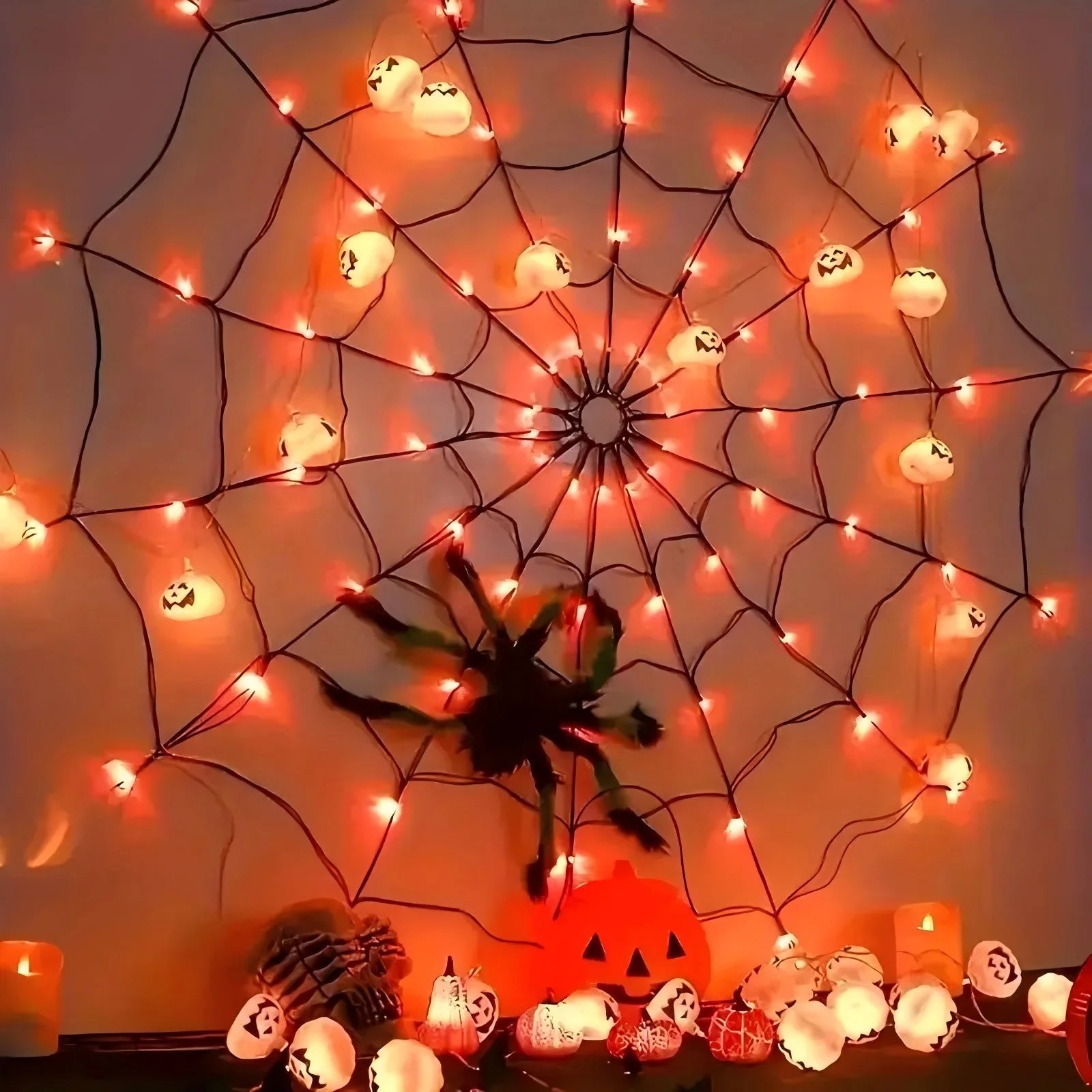 Halloween Decorations Spider Web Lights - 4FT Diameter 70 Leds Halloween Light Waterproof with Remote Control 8 Modes for House Garden Wall Party Decoration, Purple Orange