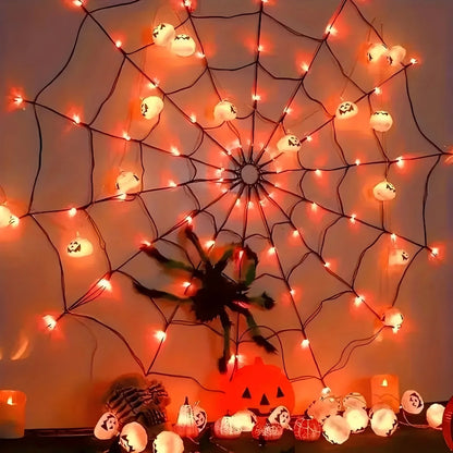 Halloween Decorations Spider Web Lights - 4FT Diameter 70 Leds Halloween Light Waterproof with Remote Control 8 Modes for House Garden Wall Party Decoration, Purple Orange