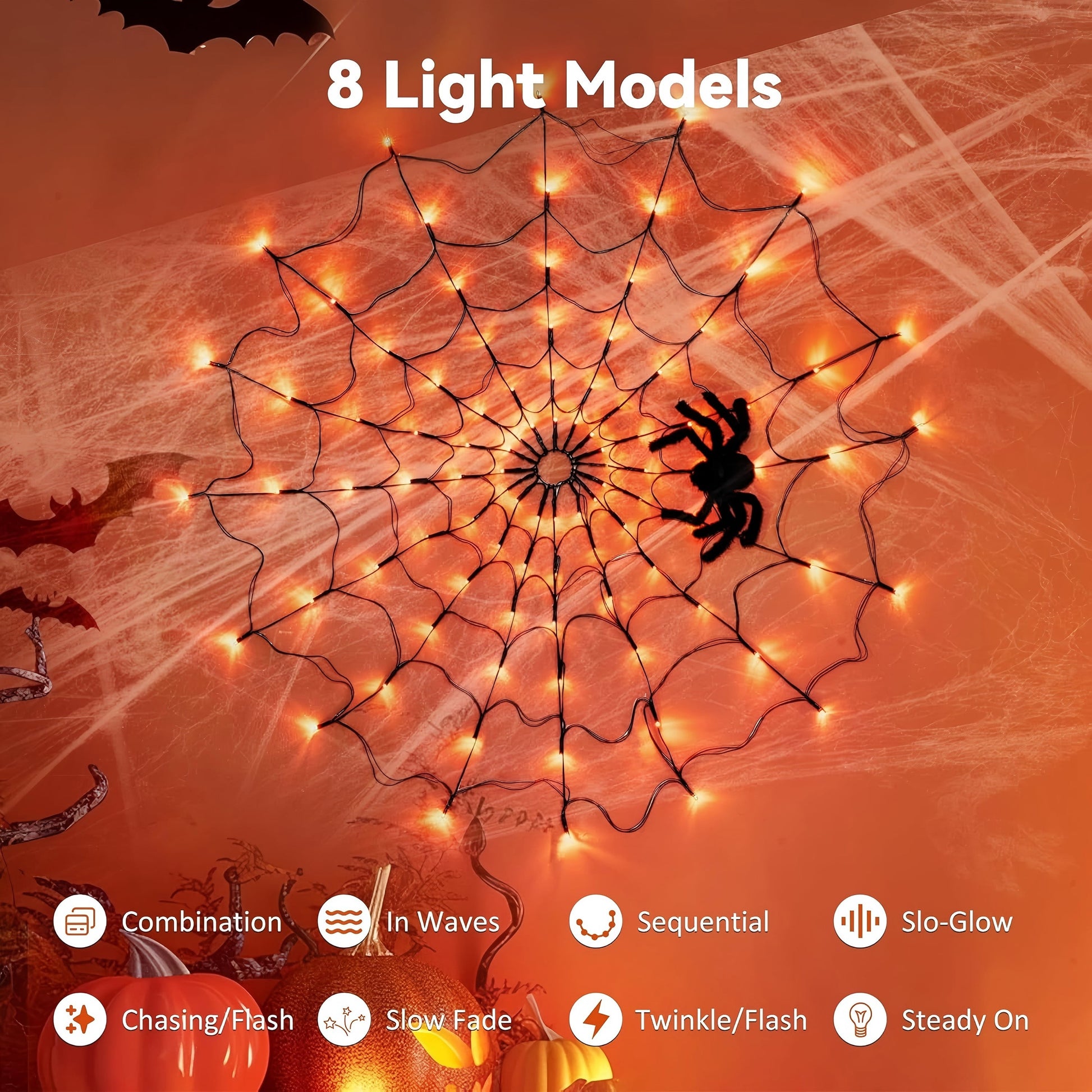 Halloween Decorations Spider Web Lights - 4FT Diameter 70 Leds Halloween Light Waterproof with Remote Control 8 Modes for House Garden Wall Party Decoration, Purple Orange