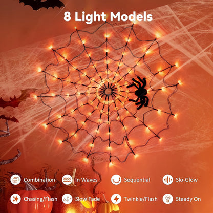 Halloween Decorations Spider Web Lights - 4FT Diameter 70 Leds Halloween Light Waterproof with Remote Control 8 Modes for House Garden Wall Party Decoration, Purple Orange