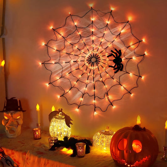 Halloween Decorations Spider Web Lights - 4FT Diameter 70 Leds Halloween Light Waterproof with Remote Control 8 Modes for House Garden Wall Party Decoration, Purple Orange