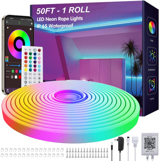 50Ft LED Neon Rope Lights with App and Remote Control IP65 Waterproof Neon Strip
