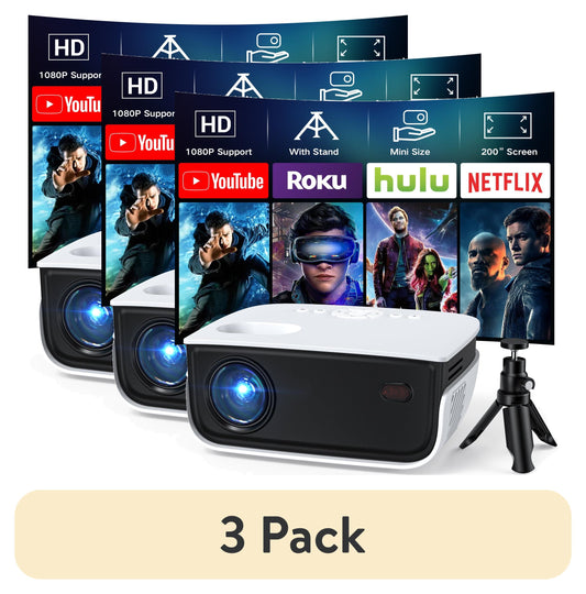 (3 Pack)  1080P Mini Projector,Keystone Correction,Up to Support 240'' Screen,With Stand
