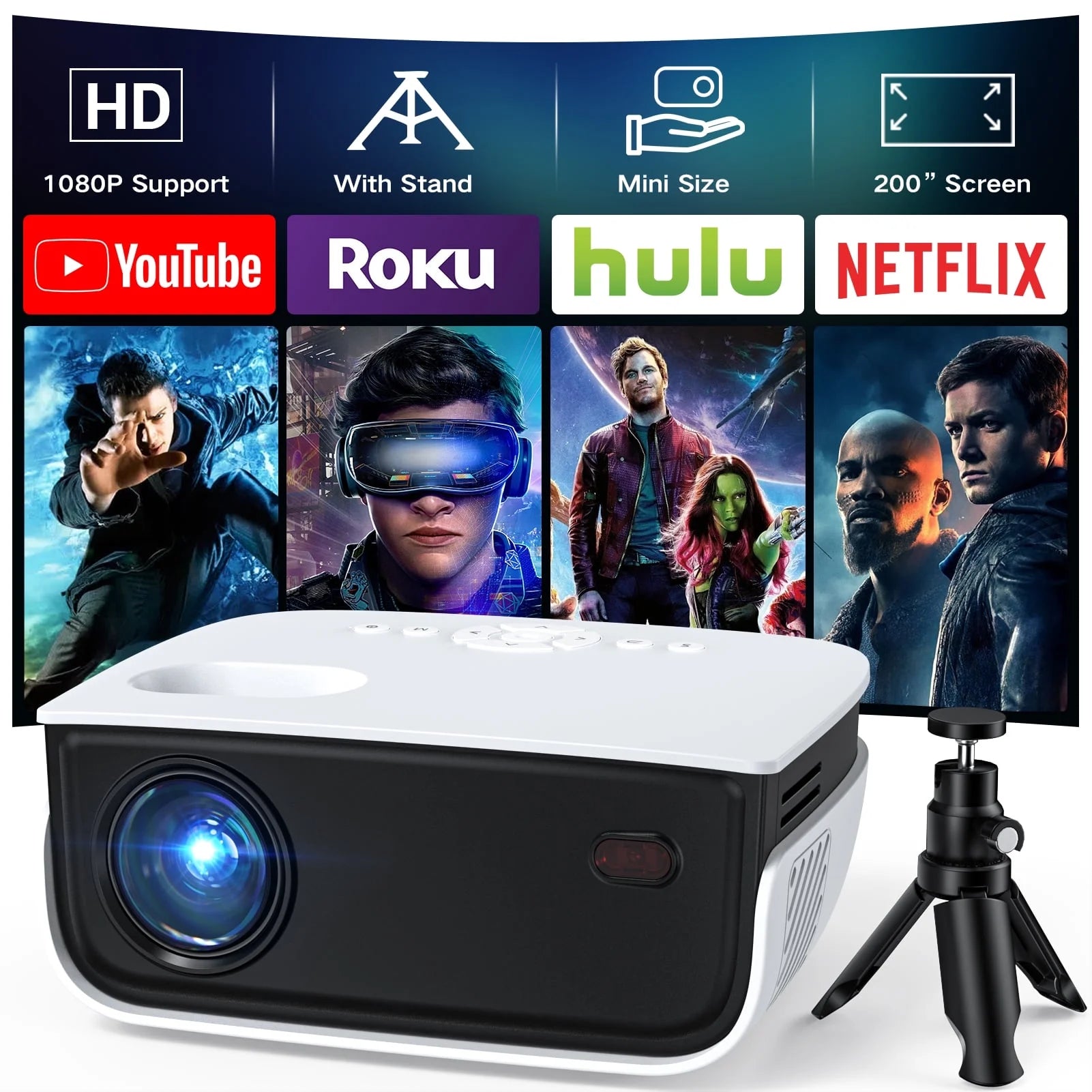 (3 Pack)  1080P Mini Projector,Keystone Correction,Up to Support 240'' Screen,With Stand